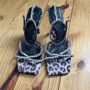 Zara Black Leopard-Print Rhinestone Square-Toe Heels
